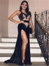 Spaghetti Straps V Neck Side Slit Black Velvet Prom Dresses LBQ1405